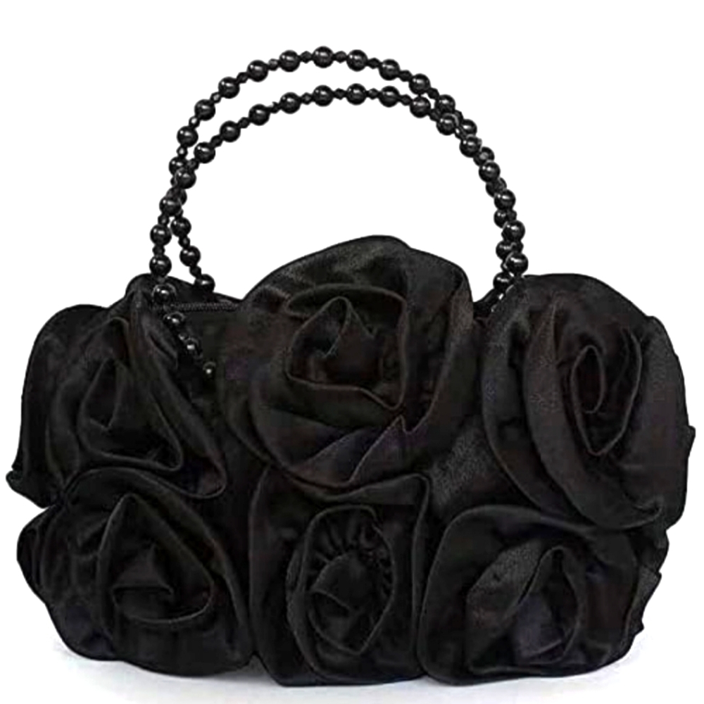 Women's Evening Black Rose Clutch, Prom Tote Beaded Hand Bag,  formal